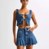 Casual Front Tie Crop Top And Mini Skirt Denim Two Piece Set - Image 2