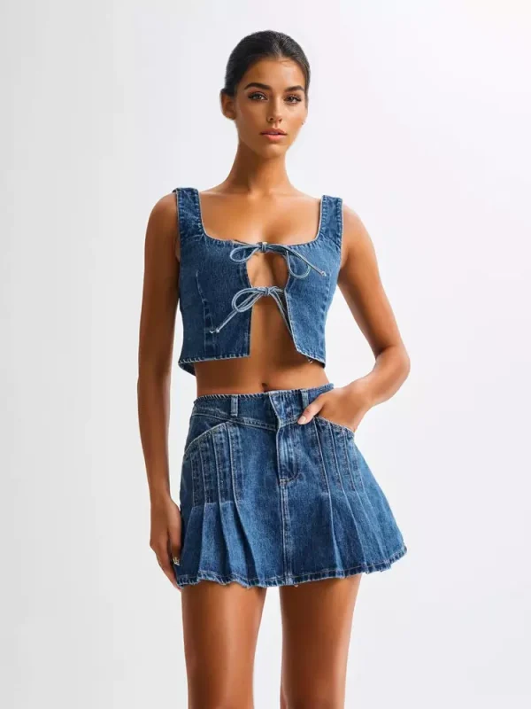 Casual Front Tie Crop Top And Mini Skirt Denim Two Piece Set - Image 2