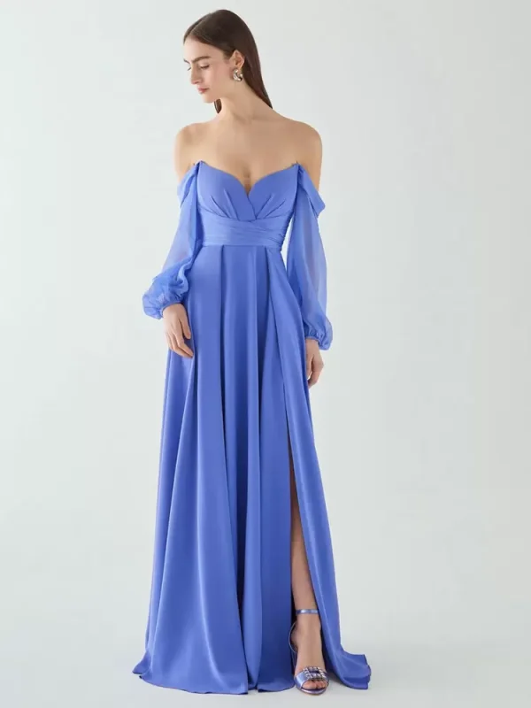 Casual A-Line Pleated High Slit Neckline Floor-Length Chiffon Dresses - Image 2