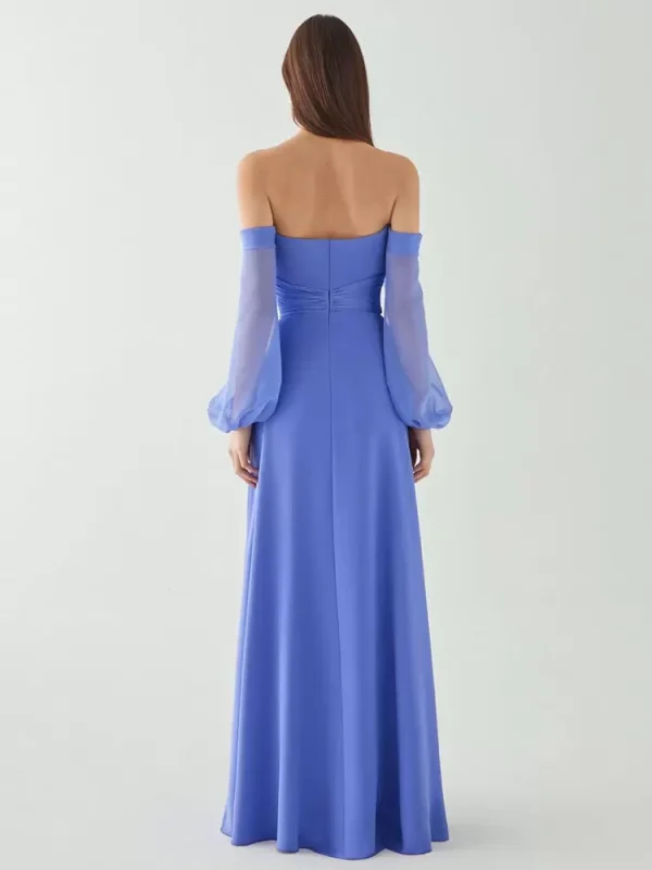 Casual A-Line Pleated High Slit Neckline Floor-Length Chiffon Dresses - Image 3