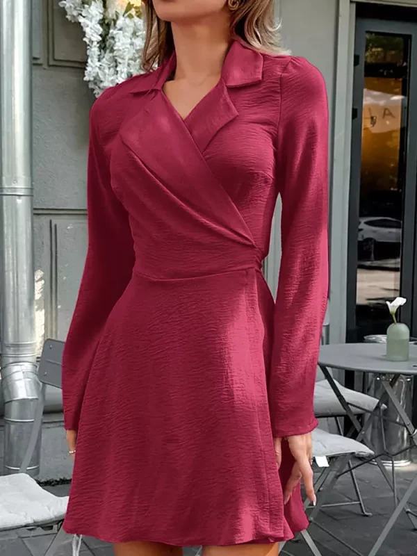 Casual Belted Wrap with Wide Long Sleeves Lapel Belted Mini Skater Dress - Image 6