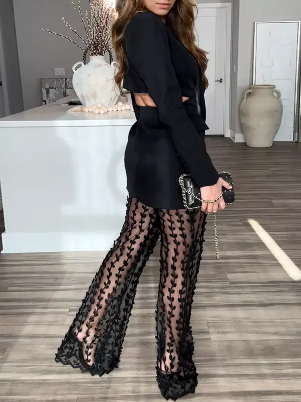 Casual Cut Out Blazer And Leaf Pattern Sheer Pants Two Piece Set - Image 5