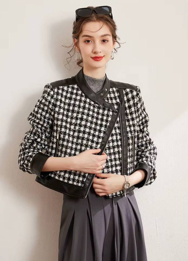 Casual Diagonal Zipper Thick Non Elastic Plaid Patchwork PU Jacket - Image 2