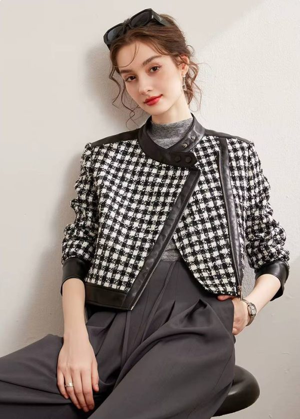 Casual Diagonal Zipper Thick Non Elastic Plaid Patchwork PU Jacket