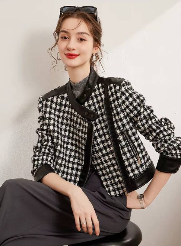 Casual Diagonal Zipper Thick Non Elastic Plaid Patchwork PU Jacket - Image 3