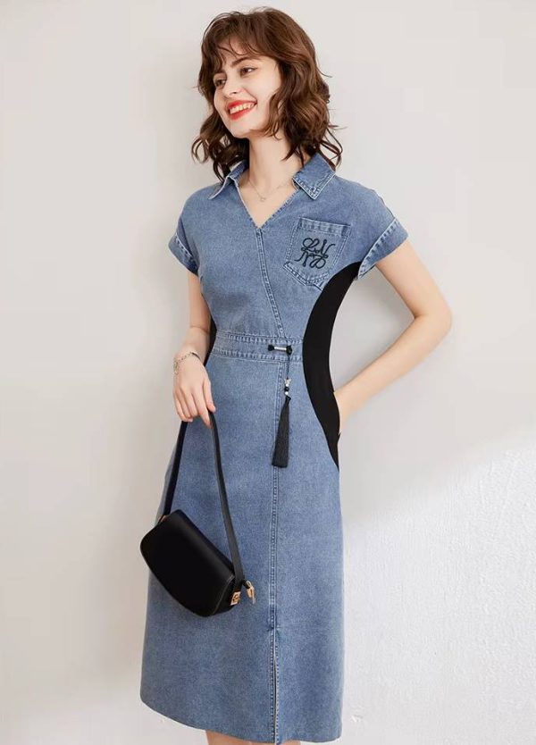 Casual Embroidery V-Neck Short Sleeve Non Stretch Slim Fit Mid-Calf Dress