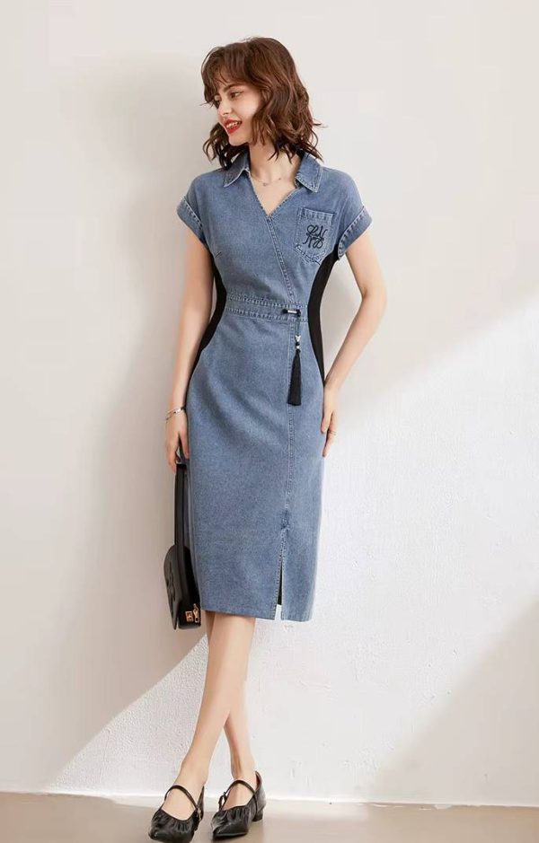 Casual Embroidery V-Neck Short Sleeve Non Stretch Slim Fit Mid-Calf Dress - Image 2