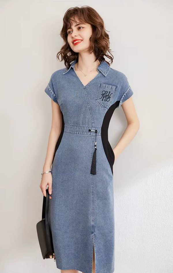 Casual Embroidery V-Neck Short Sleeve Non Stretch Slim Fit Mid-Calf Dress - Image 3