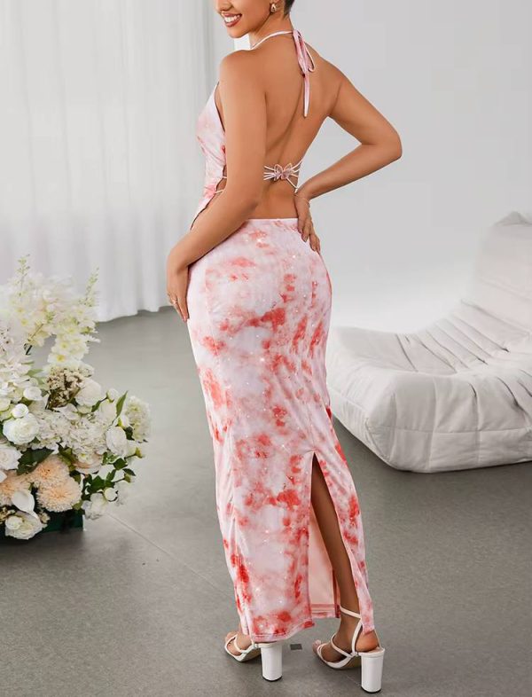 Casual Halter Backless Asymmetric Print Tank Top And Back Slit Long Skirt 2 Piece Set - Image 3