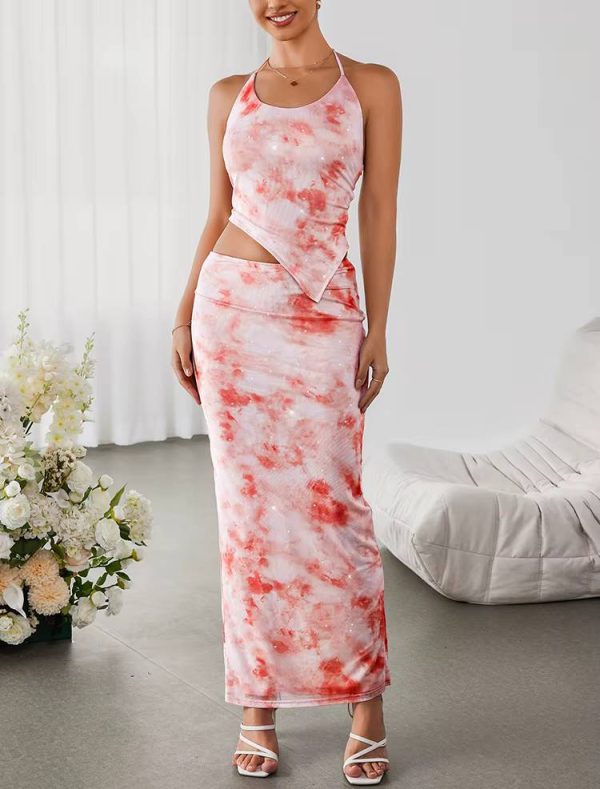 Casual Halter Backless Asymmetric Print Tank Top And Back Slit Long Skirt 2 Piece Set - Image 2