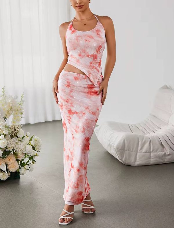 Casual Halter Backless Asymmetric Print Tank Top And Back Slit Long Skirt 2 Piece Set