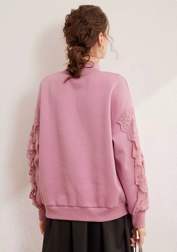 Casual High Collar 3D Embroidered Splicing Lace Long Sleeve With Thick Velvet Hoodie - Image 3