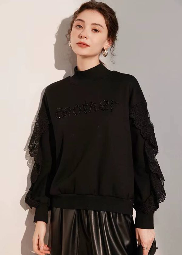 Casual High Collar 3D Embroidered Splicing Lace Long Sleeve With Thick Velvet Hoodie - Image 4