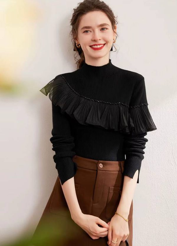 Casual High Neck Windproof Warm Beaded Splicing Folded Ruffle Edge Knitted Sweater - Image 2