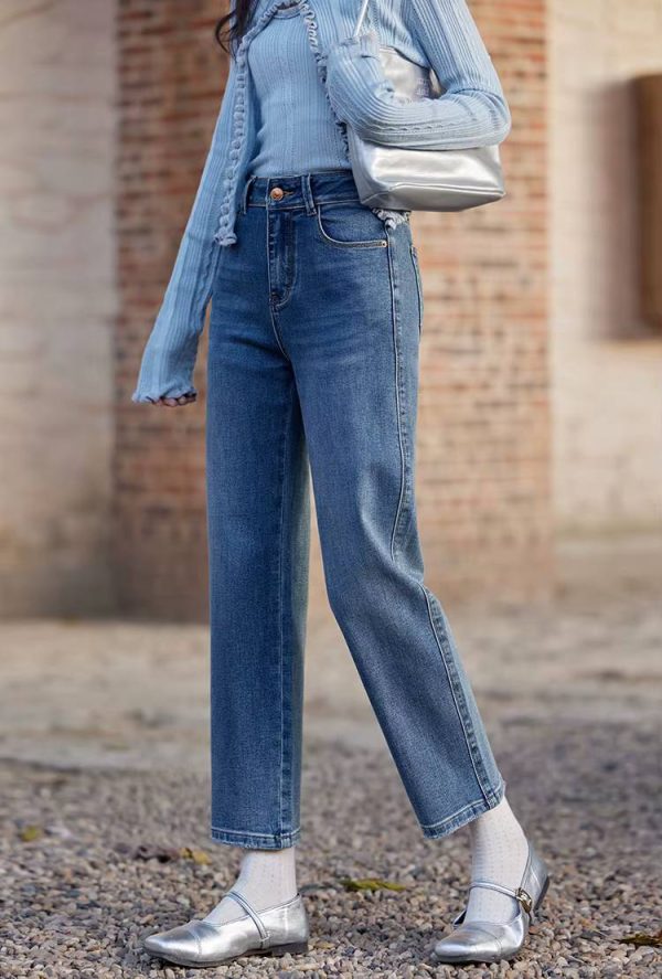 Casual High Waisted Cigarette Straight Wide Leg Slim Fit Jeans - Image 2