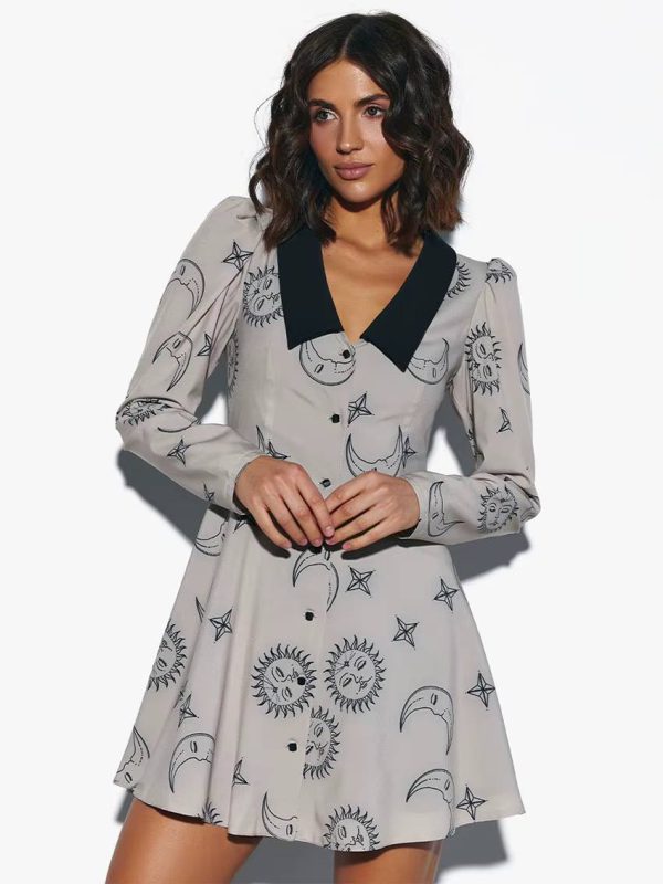 Casual Lapel Long Sleeve Loose Printed High Waist Mini Dress - Image 4