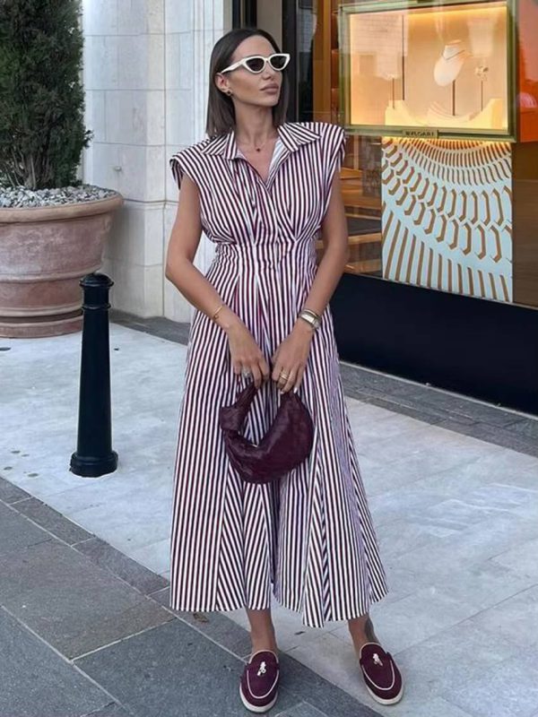 Casual Lapel Sleeveless High Waist Pleated Loose Stripe Printed Midi Dress - Image 2