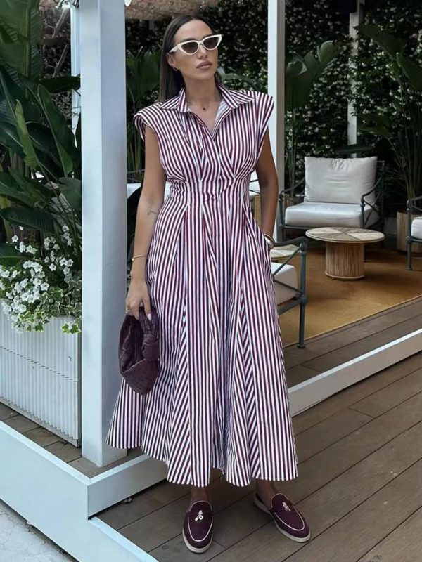 Casual Lapel Sleeveless High Waist Pleated Loose Stripe Printed Midi Dress - Image 3