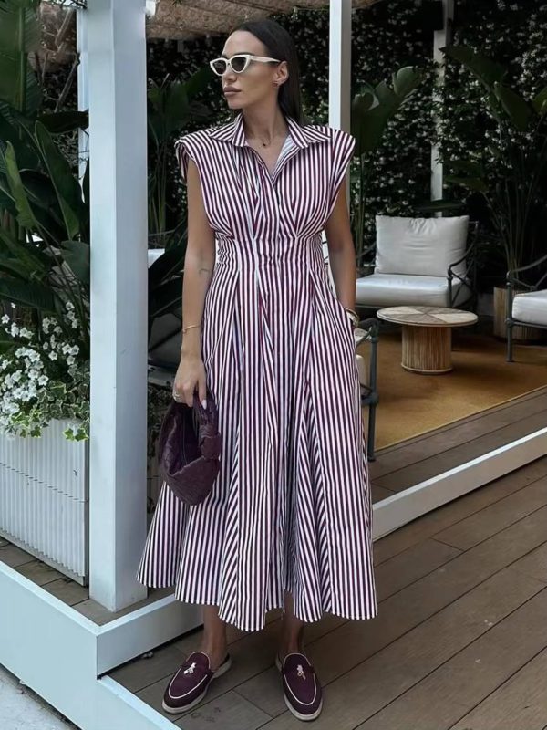 Casual Lapel Sleeveless High Waist Pleated Loose Stripe Printed Midi Dress - Image 4