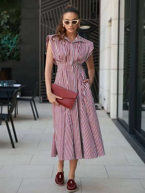 Casual Lapel Sleeveless High Waist Pleated Loose Stripe Printed Midi Dress