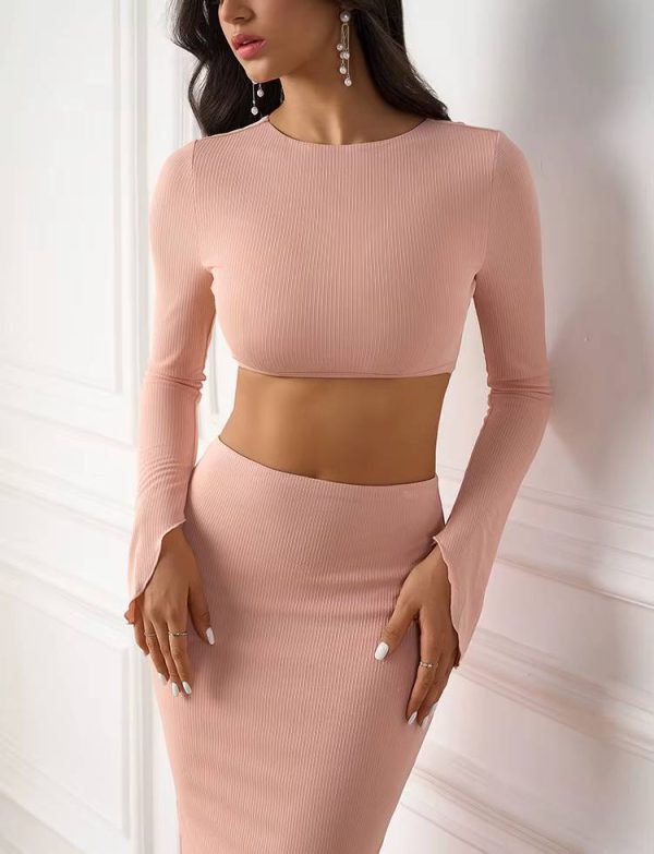 Casual Long Sleeve Backless Tie Up Blouse Tops And Pencil High Waist Midi Skirt - Image 6