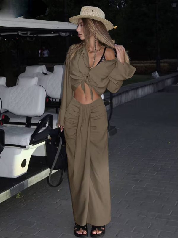 Casual Long Sleeve Crop Shirt With Mid Waist Long Skirt 2 Piece Outfit Streetwear - Image 5