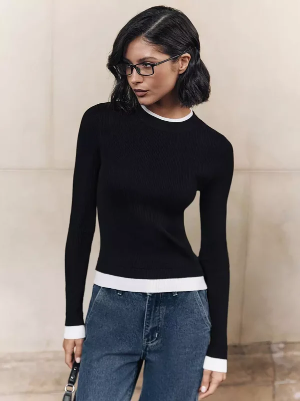 Casual Long Sleeve Rib-knit Sweater Contrasting Edges Tops - Image 3