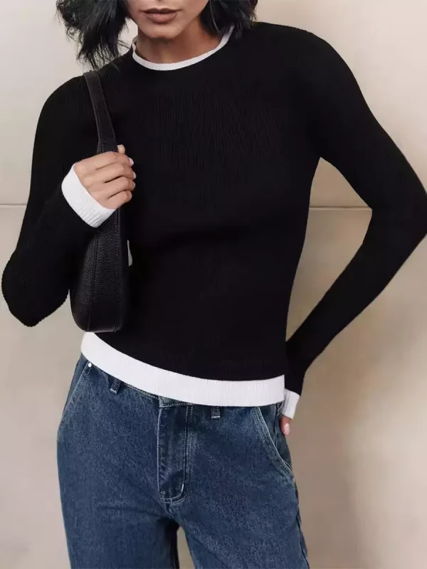 Casual Long Sleeve Rib-knit Sweater Contrasting Edges Tops - Image 4