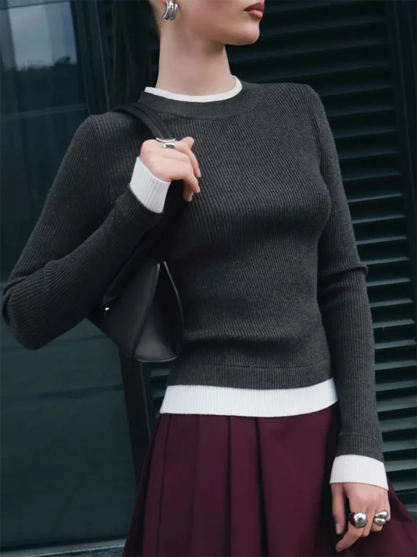 Casual Long Sleeve Rib-knit Sweater Contrasting Edges Tops - Image 5