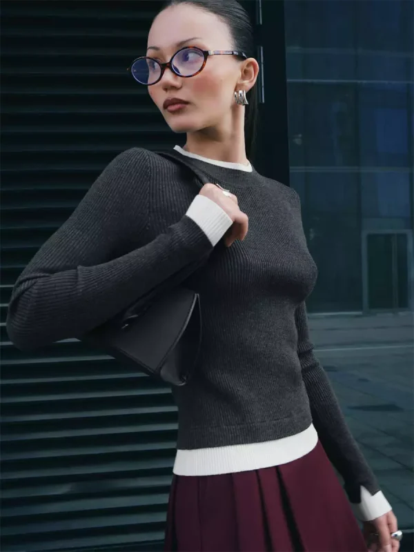 Casual Long Sleeve Rib-knit Sweater Contrasting Edges Tops - Image 6