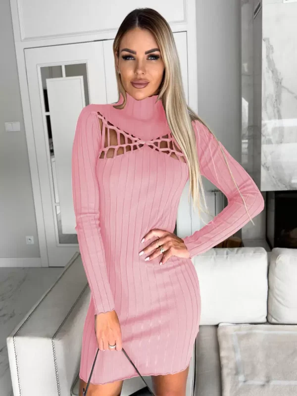 Casual Long Sleeves Cutout High Collar Short Dress