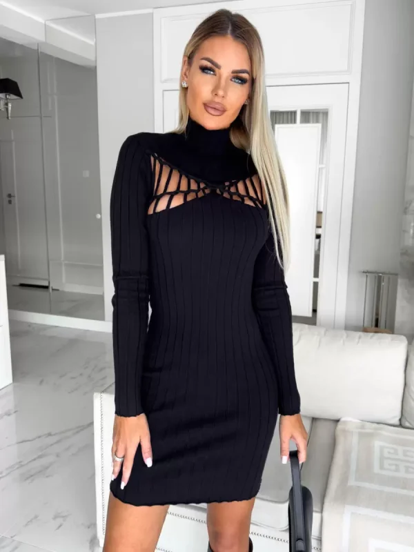 Casual Long Sleeves Cutout High Collar Short Dress - Image 3