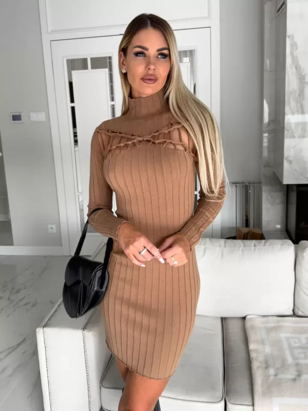 Casual Long Sleeves Cutout High Collar Short Dress - Image 6