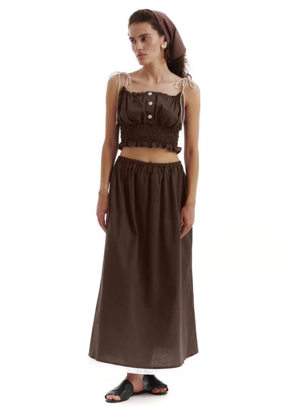 Casual Loose Cotton Strap Sleeveless Crop Top With High Waist Long Skirt 2 Piece Set