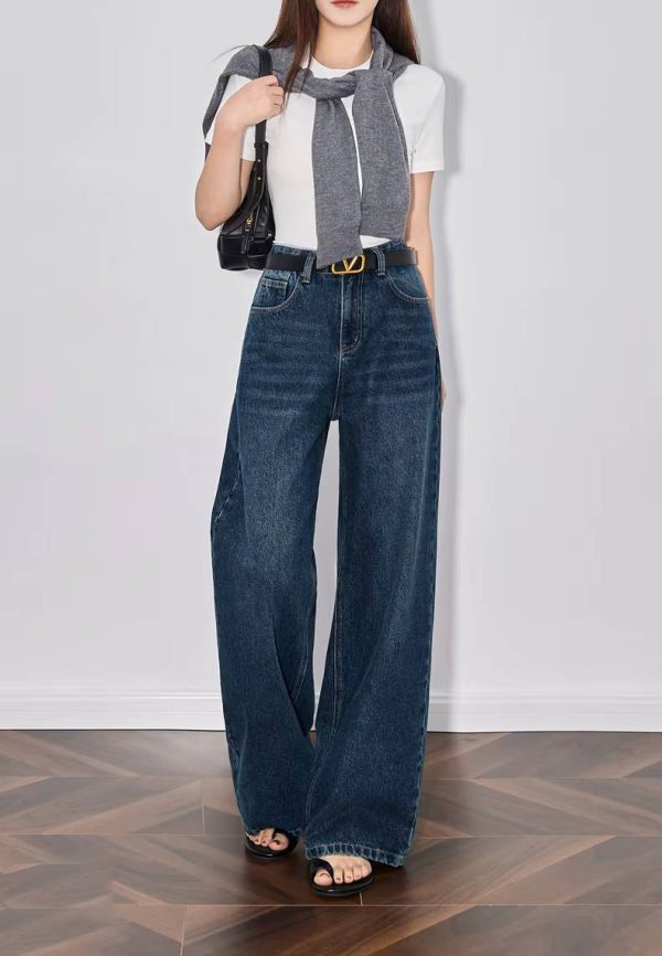 Casual Mid Waist High Street Wide Leg Full Length Straight Pants