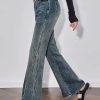 Casual Mid Waist Open Split Flare Leg Long Non Stretch Pants - Image 2