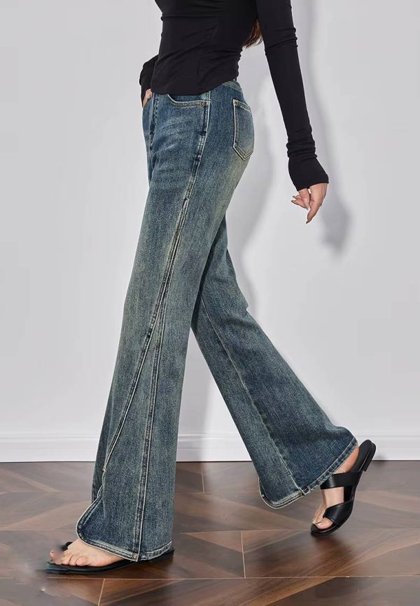 Casual Mid Waist Open Split Flare Leg Long Non Stretch Pants - Image 2