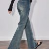 Casual Mid Waist Open Split Flare Leg Long Non Stretch Pants - Image 3