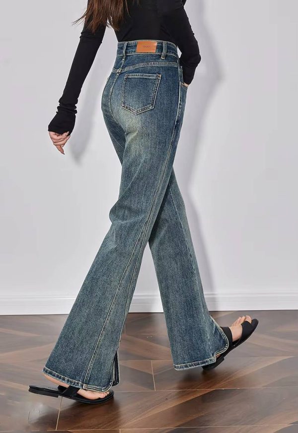 Casual Mid Waist Open Split Flare Leg Long Non Stretch Pants - Image 3