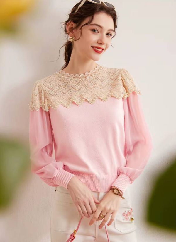 Casual Nail Bead Small High Collar Splicing Contrasting Flower Knitted Sweater