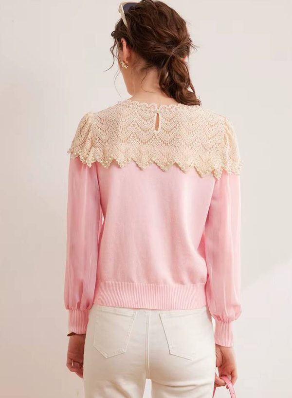 Casual Nail Bead Small High Collar Splicing Contrasting Flower Knitted Sweater - Image 3