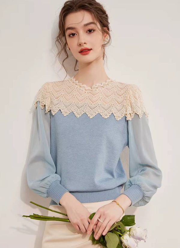 Casual Nail Bead Small High Collar Splicing Contrasting Flower Knitted Sweater - Image 7