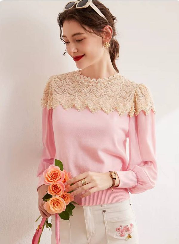 Casual Nail Bead Small High Collar Splicing Contrasting Flower Knitted Sweater - Image 2