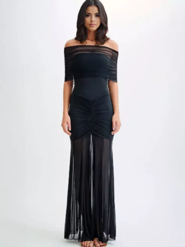 Casual Off-Shoulder Sheer Semi-formal Pleated Maxi Dresses