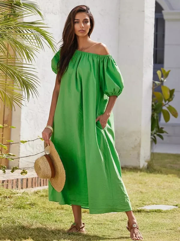 Casual Off-shoulder Relaxed Fit Puff Sleeve Shift Long Dress