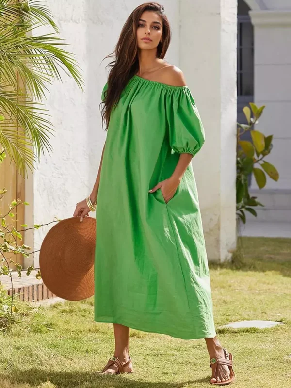 Casual Off-shoulder Relaxed Fit Puff Sleeve Shift Long Dress - Image 2