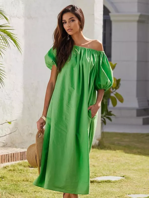 Casual Off-shoulder Relaxed Fit Puff Sleeve Shift Long Dress - Image 3