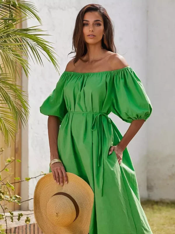 Casual Off-shoulder Relaxed Fit Puff Sleeve Shift Long Dress - Image 4