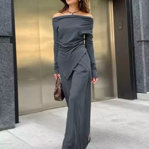 Casual Off-shoulder Ruched Top And Wide Leg Pants Two Piece Set