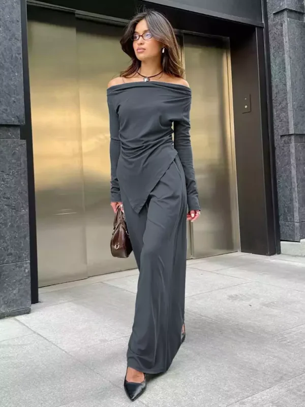 Casual Off-shoulder Ruched Top And Wide Leg Pants Two Piece Set